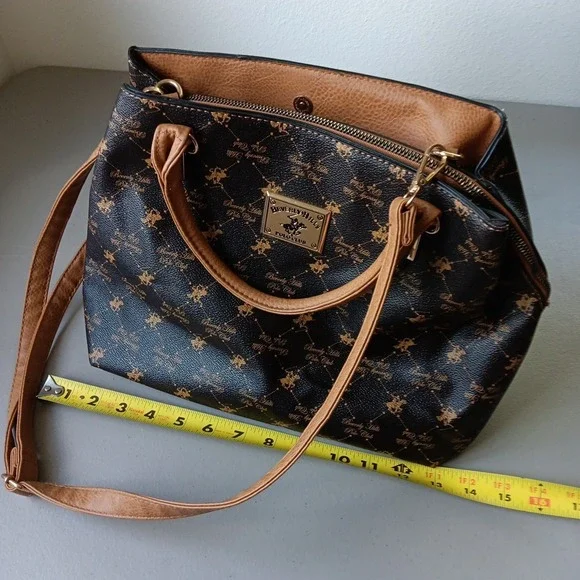 Beverly Hills Polo Crossbody Handbag‎ Brown Tan Faux Leather Preppy Countryside - Picture 14 of 15